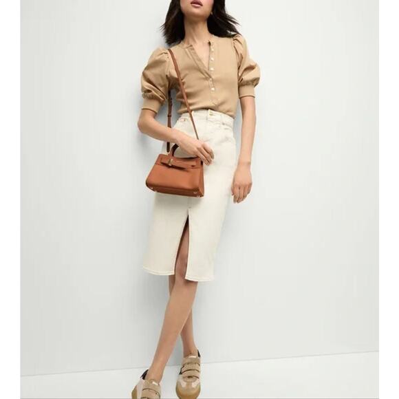 NWT Veronica Beard Breves Midi Denim Skirt US 8 White Ecru Front Slit Raw Hem - Picture 3 of 16